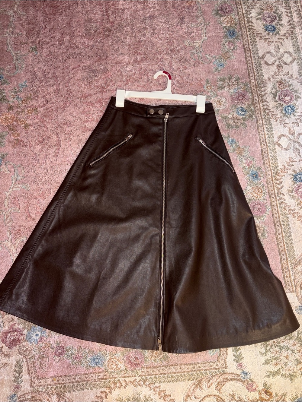 H&M Brown Faux Leather A-Line Skirt with Zip Detail